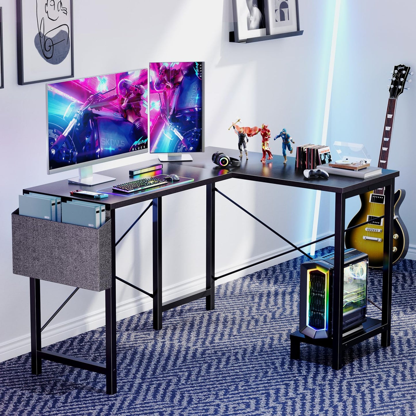 Sweetcrispy L Shaped Desk - Computer Desk Corner Desks Gaming Desk PC Table with CPU Stand Side Bag for Home Office Dorm Sturdy Writing Workstation, Black, 50-Inch