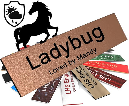 Horse Stall Name Plate, 2x12 Personalized Stall Signs, UV Protected, All Weather Adhesive, Hanging, Mounting or Other, Textured Copper Plastic Black Letters - Made in USA - M2