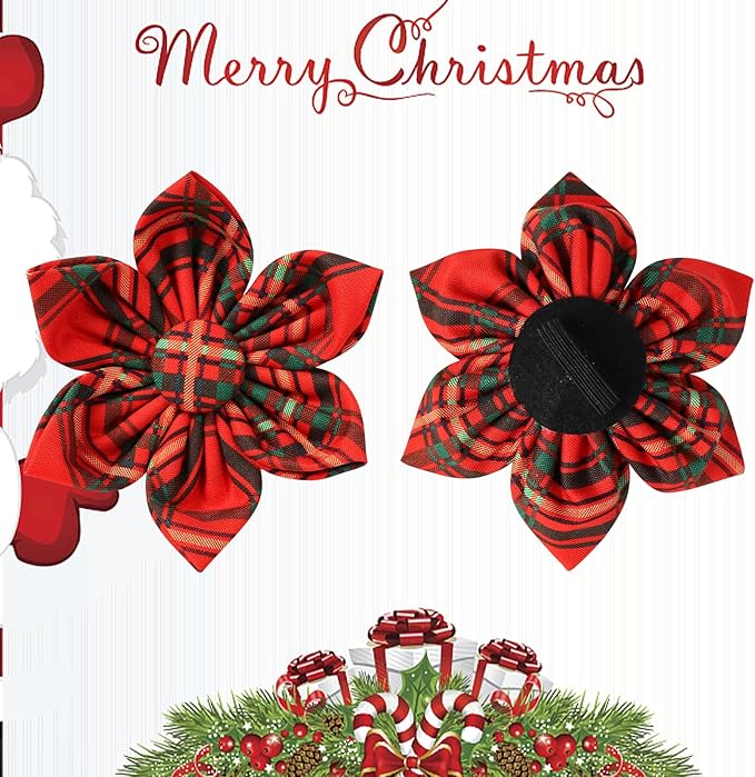 Christmas Dog Collar with Flower, Cotton Christmas Plaid Collar for Medium Girl Boy Dog,Red &Green Plaid Dog Collar Bowtie with Durable Metal Buckle,Adorable Pet Collar,XL,Neck 16-26in