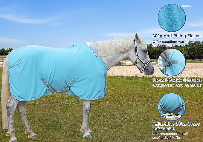 Horse Fleece Cooler, Blanket Liner - 300g Anti-Pilling Fleece, Moisture-Wicking, Cooling & Drying for Post-Workout, Bath & Travel, Prevent Overheating & Chilling Lightblue 69