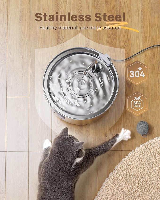 Cat Water Fountain Stainless Steel: Cat Fountain for Drinking - 108oz/3.2L Pet Water Fountain for Cats Indoor - Quiet Water Fountain for Cats - Faucet Pet Fountain - Contains 6 Filters + 3 Sponges
