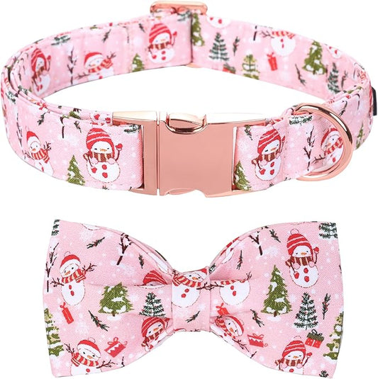 Christmas Dog Collar, Christmas Tree and Snowman Print Cute Winter Holiday Collars Cotton Adjustable Comfortable Pink Dog Collar with Bow,Stylish Collars for X-Small Girl Dogs