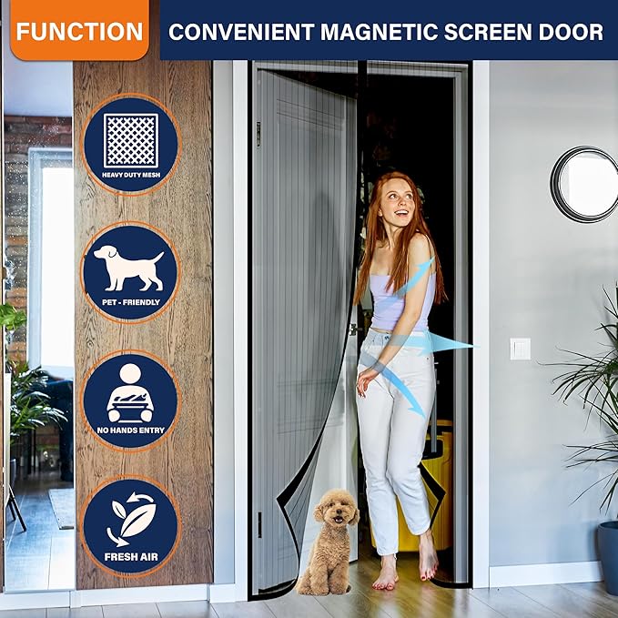 Magnetic Screen Door，Screen Door Mesh，Keep Bugs Out, Heavy-Duty Mesh Curtain,Pet and Kid Friendly, Works with Front Doors, Sliding Doors（36 x 84 Inches ‎Black