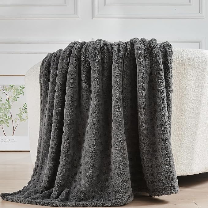 NEWCOSPLAY Super Soft Twin Blanket Grey Premium Silky Flannel Fleece 3D Waffle Checkered Lightweight Bed Blanket All Season Use (Dark Grey, Twin(60"x80"))