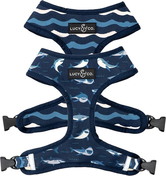 Reversible Dog Harness Walking Halter - Best Designer Pet Harnesses for Extra Small Medium Large XL Dogs Plus Pug Breeds - Padded Adjustable Puppy Vest for Easy Walking (Large, Shark Attack)