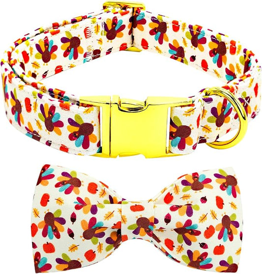 Thanksgiving Dog Collar, Turkey Dogs Collars Bow Tie Pet Collar Adjustable Pet Collars Premium Metal Buckle Autumn Leaf Necklace for Samll Dogs