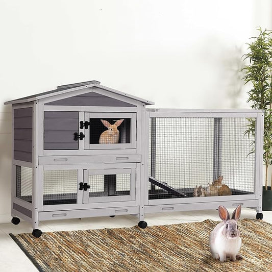 Gutinneen 2-Story Rabbit Hutch Indoor Large Bunny Cage with Chew-Proof Ramp - Wooden Rabbit Cage Outdoor with 6 Lockable Caster Wheels & Dual Pull-Out Trays for Rabbits, 62"L x 22.6"W x 33.5"H (Grey)
