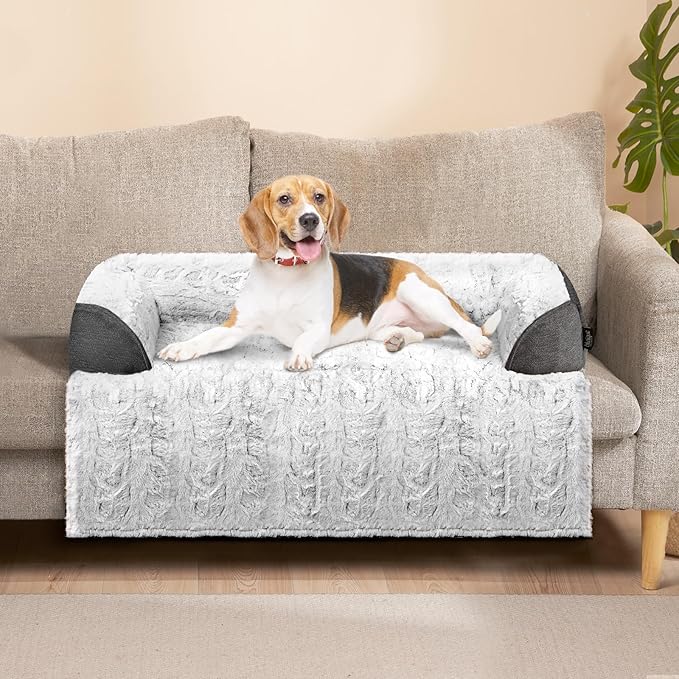 Calming Dog Bed for Couch, 35 x 31 inch Removable Couch Cover for Dogs/Cats Washable, Non-Slip Fluffy Plush Dog Sofa Mat for Furniture Protector - Grey