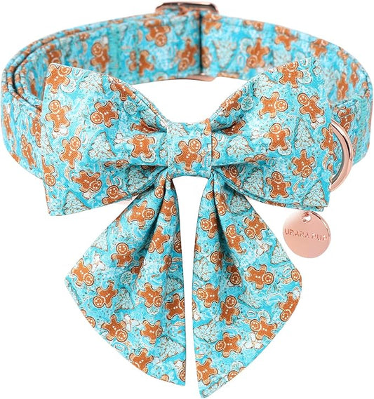 Christmas Dog Collar with Bow Tie,Adjustable Gingerbread Pet Collar,Chriatmas Puppy Bowtie Collar for Small Medium Large Dogs,S,Neck 10-16in