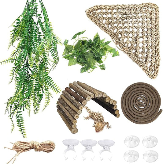 kathson Bearded Dragon Tank Accessories, Large Reptile Hide Wooden Bridge Triangle Hammock Jungle Climber Vines Leaves and Plant Reptile Habitat Decor for Chameleon Lizards Gecko Snakes Climbing