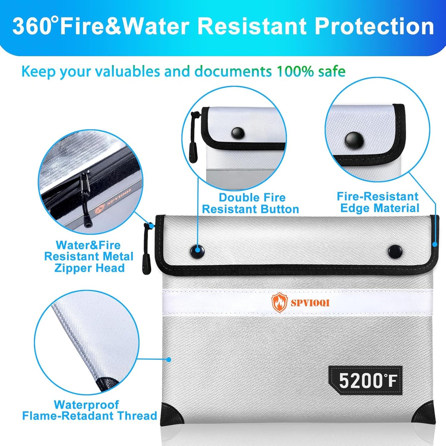 Upgraded Fireproof Document Bag 5200°F, 14.2” X 11” Waterproof Fireproof Bag with Zipper, 8 Layers of Heat Insulated Materials, Fireproof Money Bag for Cash, Important Documents and Valuables fire bag