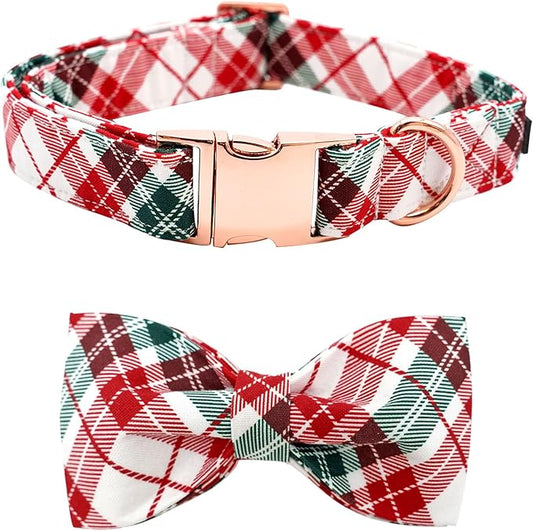 Dog Collar, Christmas Dog Collar Plaid Pet Collar Bow Holiday Bows Girl Boy Puppy Collar Adjustable Pet Collar for X-Large Dogs