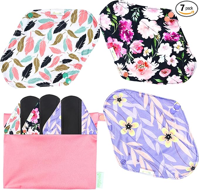 Wegreeco Reusable Menstrual Pads - Soft Cloth Sanitary Pads & Panty Liners - 6 Pack with 1 Cloth Mini Wet Bag (Large, Flower 02)