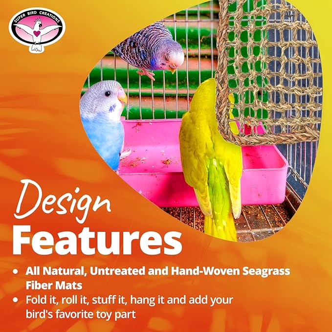 Super Bird Creations SB50003 Seagrass Mat for Cage Decor, Pet Enrichment and Boredom Relief - Versatile Toy-Making Base - Ideal for Parrots - Small to Large Birds & Reptiles - 10"x10" (1 Pack)