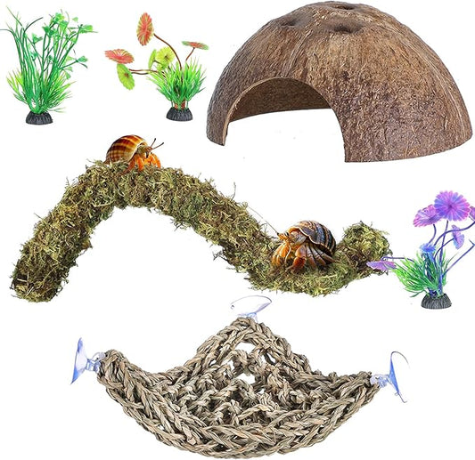 HERCCOCCI Hermit Crab Accessories, 6Pcs Hermit Crab Toys Coconut Shell Hut Climbing Hammock Artificial Plants for Hermit Crabs