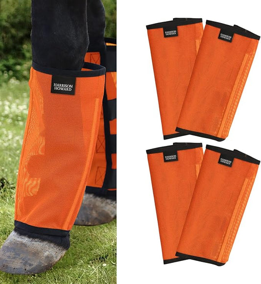 Harrison Howard Loose Fitting Fly Boots UV-Protective Extra Tough Mesh Ventilated Four Fasteners Stay-on Design Protect Horse Legs & Stomp-Reducing Set of 4 Orange Mini