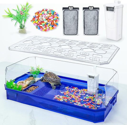 Turtle cage Tortoise Terrarium with Pump＆Filter with Shower Function Easy to Change Water and Clean Water for Turtle Horned Frog Hermit Crab Blue, L