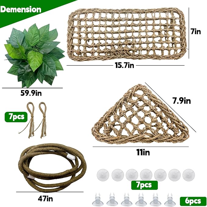 6PCS Bearded Dragon Hammock Lizard Natural Seagrass Hammock Reptile Jungle Climbing Vines and Leaves with Suction Cups Habitat Décor Tank Accessories for Hiding& Climbing Snake Gecko Bird Chameleon