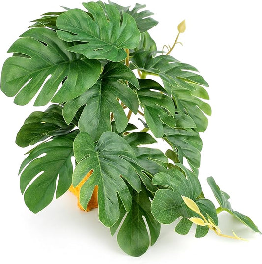 Reptile Plants for Terrarium, Ball Python Tank Accessories, Amphibian Habitat Decor Plant Bearded Dragon Tank Decorations for Gecko Lizard Chameleon Tortoise with Base - Fake Monstera