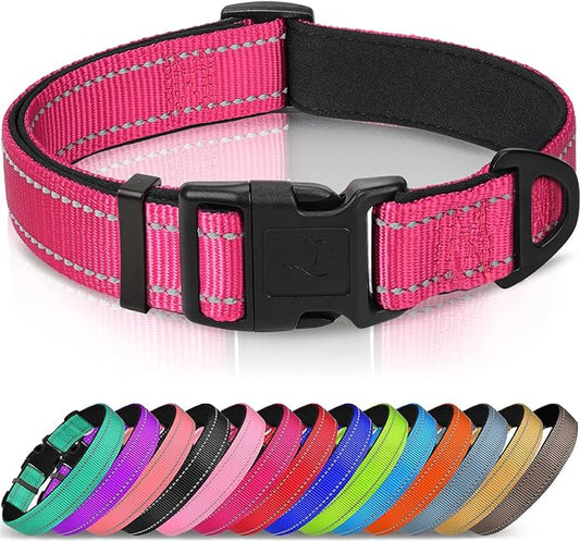 Joytale Reflective Dog Collar, Soft Neoprene Padded, Metal D-Ring, Nylon Pet Collar Adjustable for Large Dogs, Hotpink, L