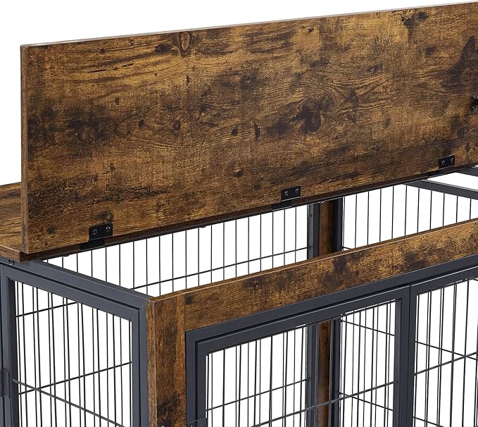 IchbinGo Dog Crate Furniture, Wooden Dog Crate Table, 31.5" Dog Kennel with 3 Doors, Flip-up Top Opening and Wheels, Decorative Pet Crate Dog House for Medium/Small Dog Indoor Use (Rustic Brown)