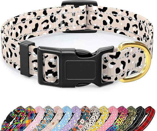 Reflective Dog Collar for Medium Dogs, Cute Leopard Style Adjustable Heavy-Duty Nylon Puppy Collar for Boy and Girl Female, Soft Pet Accessories with Quick Release Buckle, Beige