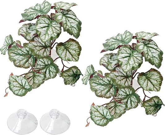 VCEPJH Reptile Plants with Suction Cup Amphibian Habitat Decor 2 Pcs Artificial Leaves for Terrarium Decor Crested Gecko Tank Accessories for Bearded Dragon, Lizard, Snake (Red Saxifrage)