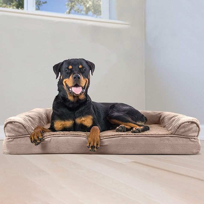 Furhaven Orthopedic Dog Bed for Large Dogs w/ Removable Bolsters & Washable Cover, For Dogs Up to 95 lbs - Plush & Suede Sofa - Almondine, Jumbo/XL