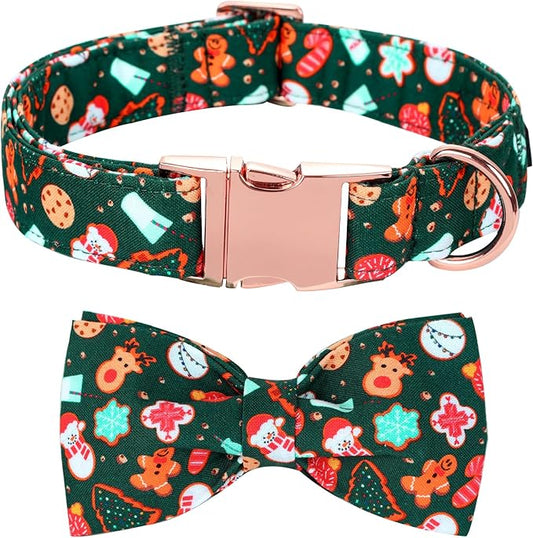 Christmas Dog Collar, Cute Winter Holiday Collars Green Christmas Tree and Snowman Print Metal Buckle Collar Adjustable Sturdy Collars for Medium Girl Boy Dogs