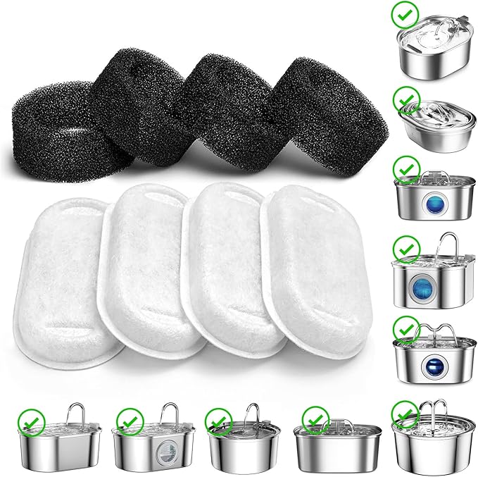 SOOFPET Stainless Steel Cat Water Fountain Filters: 8-Pack (Carbon + Foam) - Replacement for 108oz/3.2L Dog Bowl Dispenser