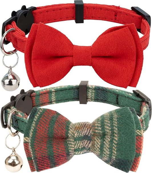 Collar for Cat Pet Breakaway with Bell Bowtie Detachable Bow Adjustable Safety Kitten Puppy Girl Boy 2pcs Christmas-A