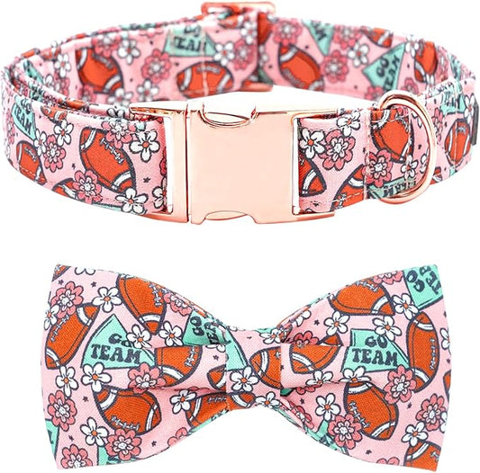 Dog Collar - Rugby with Flower Pet Collar Bows for Dogs Bowtie Pet Collar Adjustable Dog Collar Girl Boy Puppy Collar for Large Dogs
