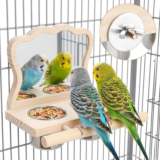 Bird Perch Platform Toy with Mirror, Standing Rack & Stainless Steel Bowl - Wooden Play & Exercise Gym Stand, Cage Accessory for Cockatoos, Lovebirds, Budgies, Pacific Parrotlets & Canaries