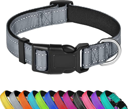 Reflective Dog Collar, Adjustable Soft Neoprene Padded Nylon Pet Collars with Buckle for Large Dogs, Gray,L