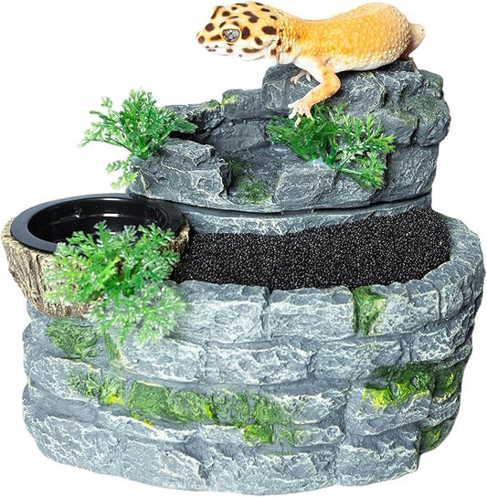 500ML Reptile Waterfall Fountain, Reptile Water Drinking Fountain for Bearded Dragons, Geckos & Lizards – Terrarium Waterfall with Feeding Bowl, Flowing Water, Natural Resin