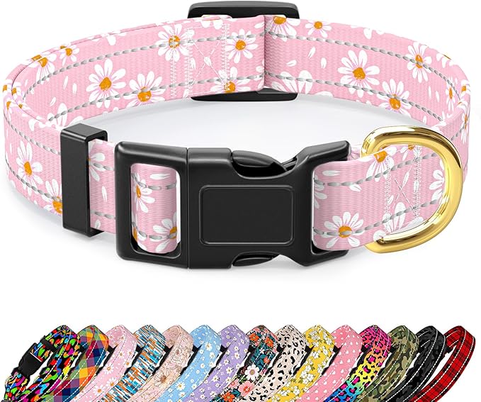 Reflective Dog Collar for Small Dogs, Cute Daisy Theme Adjustable Heavy-Duty Nylon Puppy Collar for Boy and Girl Female, Soft Pet Accessories with Quick Release Buckle, Neck 10-16", Pink