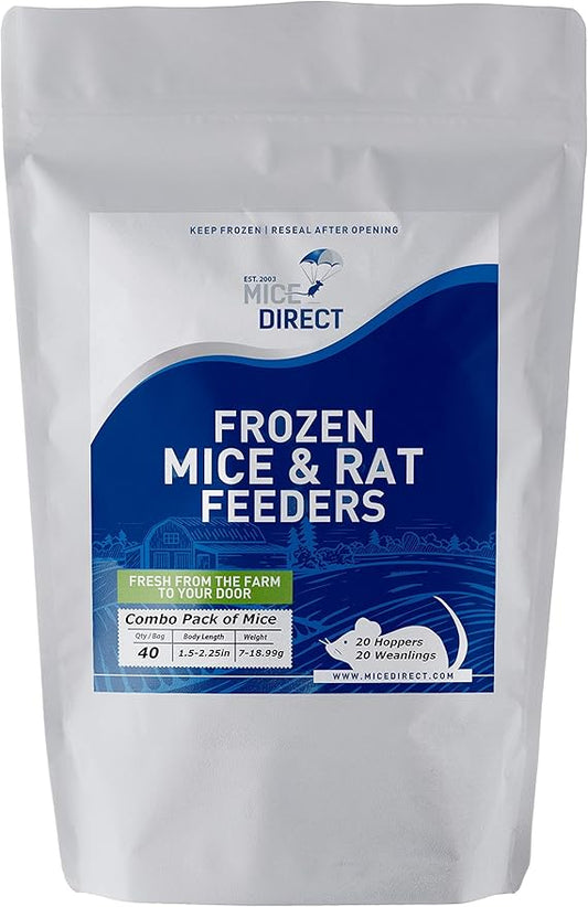 MiceDirect 40 Frozen Mice Combo Pack of 20 Hoppers and 20 Weanling Feeders Snake Food for Mice for Juvenile Ball Python Adult Milk Corn Snakes (1.5-2.5 in)(Pack of 40)(400 Grams Min)