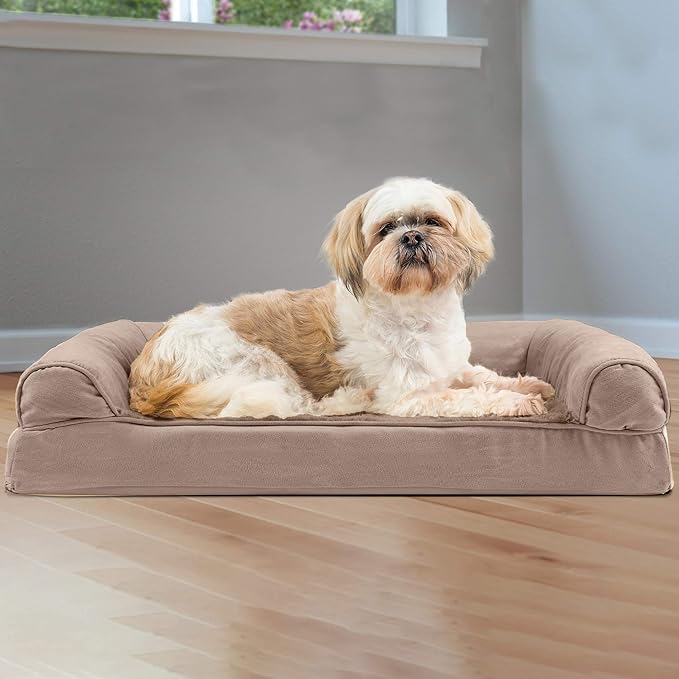 FurHaven Orthopedic Foam Sofa Dog Bed with Washable & Removable Cover - Plush/Suede - Almondine, Dogs Up to 35 lbs - Medium