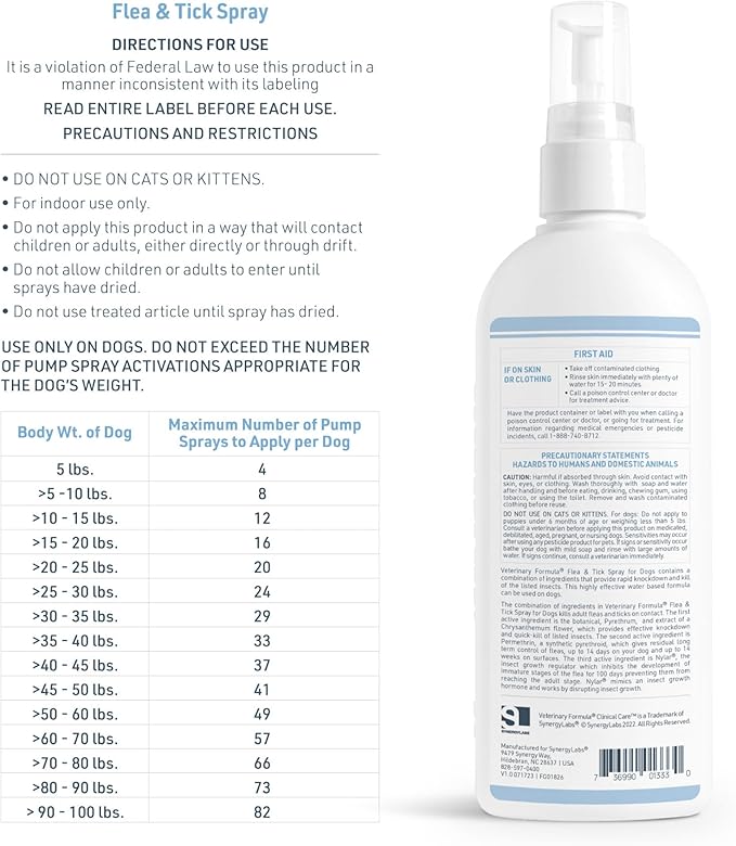 Veterinary Formula Flea and Tick Spray for Dogs, 8 oz – Easy-to-Use Dog Flea Spray, Kills on Contact, Prevents Egg & Larval Development for 14 weeks