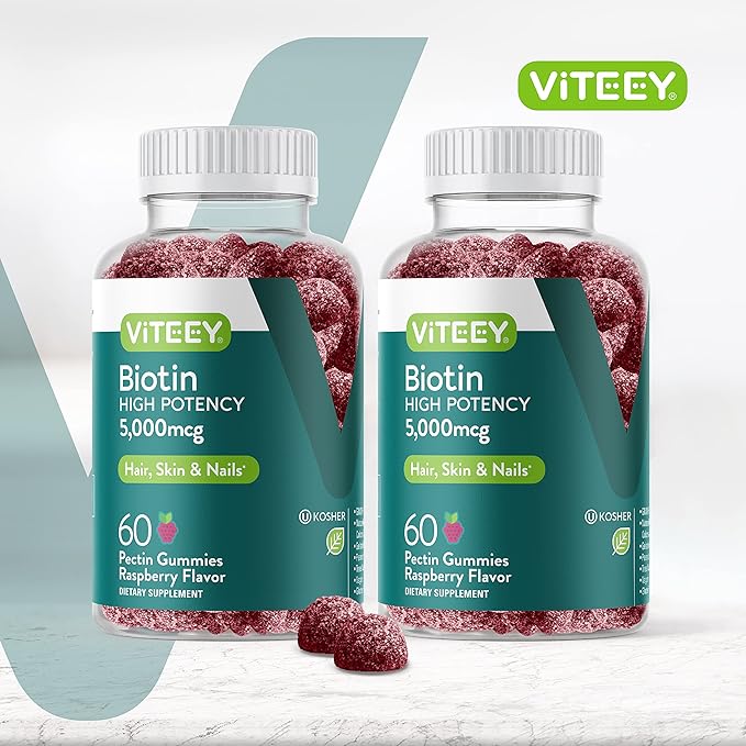 Biotin Gummies for Hair Skin Nails 5,000mcg - Hair Growth Gummies, Healthy Skin Glow, Strong Healthy Nail Growth - Vegan, Gluten Free, Gelatin Free, GMO Free - Tasty Chewable Raspberry Flavor