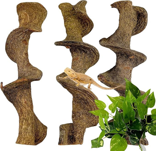BNOSDM 3PCS Natural Reptile Climbing Branches Decor,1.8-2.2" Thick Natural Snake Climbing Forest Wood with Plant Leaf Decor,Lizard Forest Branch,Geckos Tank Tree Trunk Accessories for Bearded Dragons