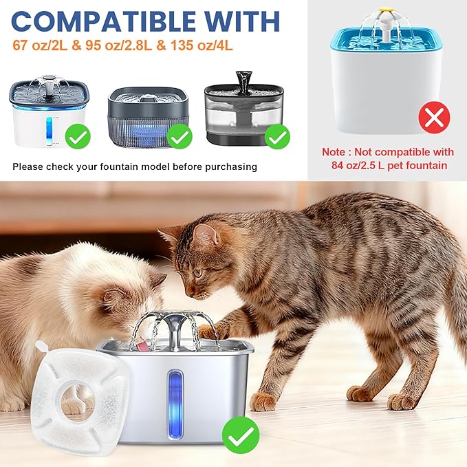 40 Pack Cat Water Fountain Carbon Filters, 20 Pcs Replacement Pet Filters with 20 Pcs Pre-Sponges Compatible with 67oz/2L 95oz/2.8L 135oz/4L Automatic Cats Dog Water Fountain Dispenser