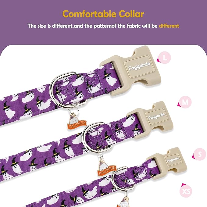 Faygarsle Halloween Dog Collar with Charm, Purple with Ghost Pattern, Adjustable Pet Collar for Small Medium Large Dogs XS