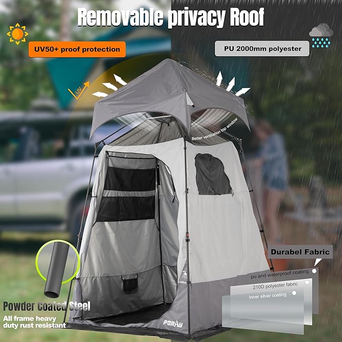 Portable Camping Shower Tent Deluxe Changing Room with Shower Bag Easy Set Up Privacy Shelter,Large Toilet Tent with Floor Drain Design for Beach,Camping,Hiking with Stakes and Ropes for Stability