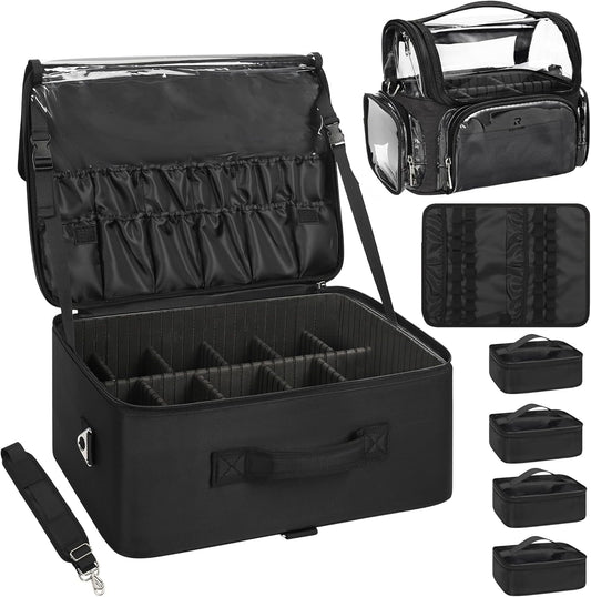 Relavel Extra Large Makeup Case Professional Cosmetic Storage Organizer Box Brush Holder with 4 Clear Set Bags & Lipstick Plate & Clear Makeup Brush Case for Makeup Artists Black