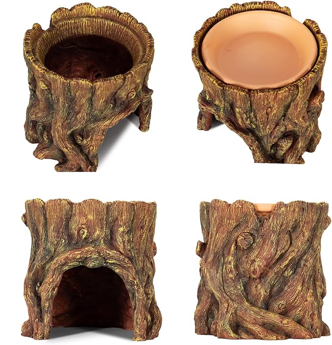REPTIZOO Reptile Hide Cave Resin Moisture Keeping Reptile Cave with Clay Water Basin Humidifying Help Shedding for Leopard Gecko
