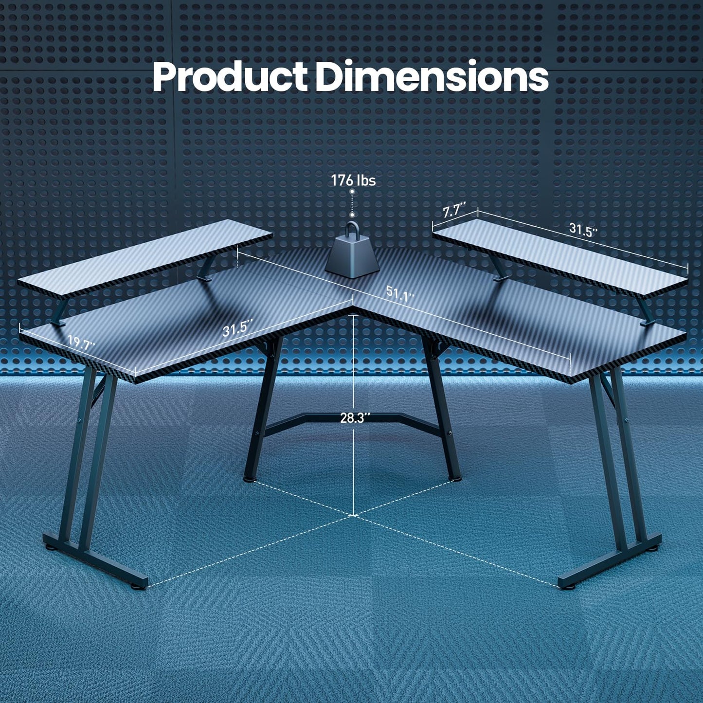HLDIRECT 51 Inch L Shaped Gaming Desk with Monitor Stand and LED Lights, Corner Computer Desk with Carbon Fiber Surface, PC Gaming Table for Home Office Writing Workstation, Easy to Install, Black