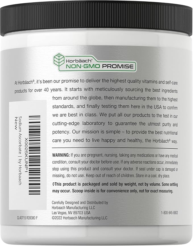 Horbäach Buffered Sodium Ascorbate Vitamin C Powder | 16 oz | Vegan, Non-GMO, and Gluten Free Supplement