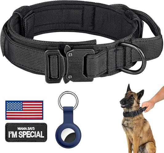 DAGANXI Tactical Dog Collar, Adjustable Military Training Nylon Dog Collar with Control Handle and Heavy Metal Buckle for Medium and Large Dogs, with Patches and Airtags Case (M, Black)