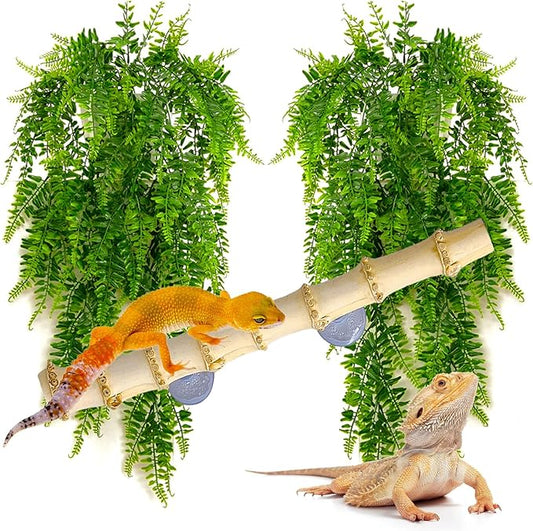 kathson Reptile Corner Branch Decor,Leopard Gecko Climbing Bamboo Wood with Suction Cup,Bearded Dragons Habitat Hanging Vines Plants Decoration,Lizards Tank Accessories for Amphibians,Snakes,Frogs